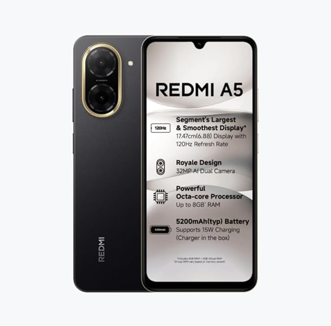 Redmi A5 (Just Black, 3GB RAM, 64GB Storage) | 6.88-inch 120Hz